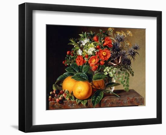 Oranges, Blackberries and a Vase of Flowers on a Ledge, 1834-Johan Laurents Jensen-Framed Giclee Print