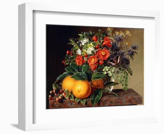 Oranges, Blackberries and a Vase of Flowers on a Ledge, 1834-Johan Laurents Jensen-Framed Giclee Print