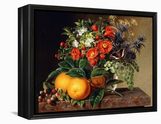 Oranges, Blackberries and a Vase of Flowers on a Ledge, 1834-Johan Laurents Jensen-Framed Premier Image Canvas