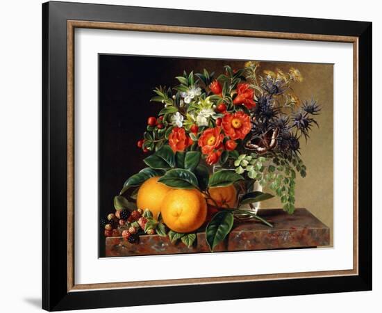 Oranges, Blackberries and a Vase of Flowers on a Ledge, 1834-Johan Laurents Jensen-Framed Giclee Print