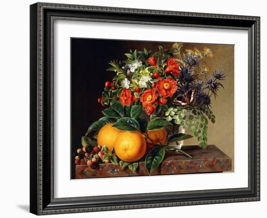 Oranges, Blackberries and a Vase of Flowers on a Ledge, 1834-Johan Laurents Jensen-Framed Giclee Print