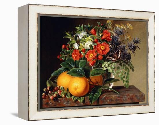 Oranges, Blackberries and a Vase of Flowers on a Ledge. 1834-Johan Laurentz Jensen-Framed Premier Image Canvas