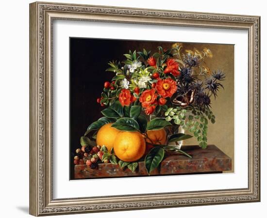 Oranges, Blackberries and a Vase of Flowers on a Ledge. 1834-Johan Laurentz Jensen-Framed Giclee Print