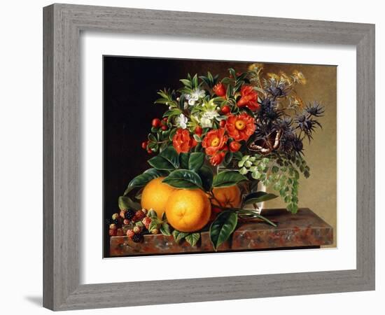 Oranges, Blackberries and a Vase of Flowers on a Ledge. 1834-Johan Laurentz Jensen-Framed Giclee Print