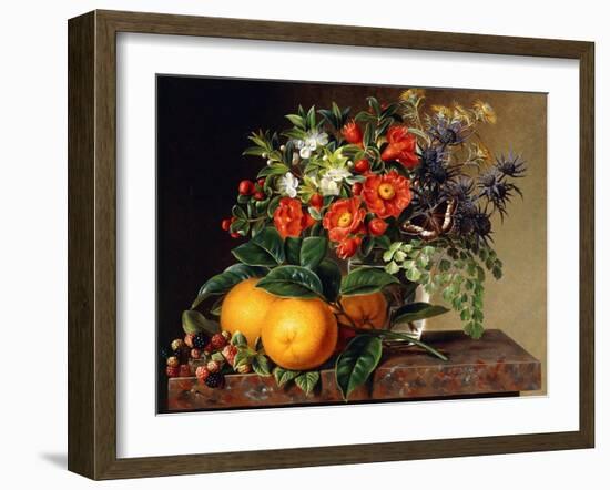 Oranges, Blackberries and a Vase of Flowers on a Ledge. 1834-Johan Laurentz Jensen-Framed Giclee Print