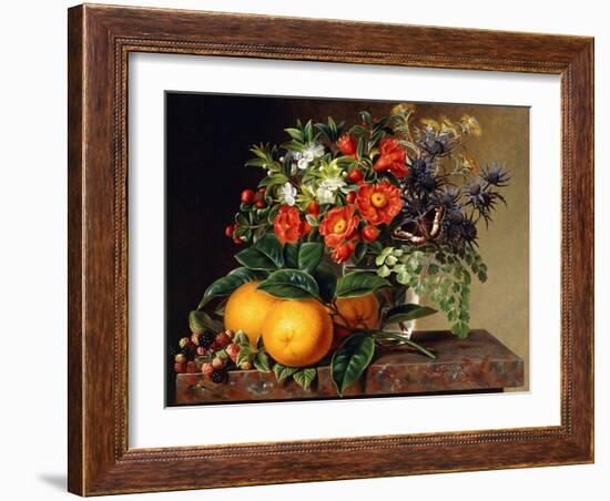 Oranges, Blackberries and a Vase of Flowers on a Ledge. 1834-Johan Laurentz Jensen-Framed Giclee Print