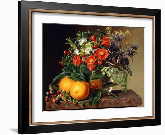 Oranges, Blackberries and a Vase of Flowers on a Ledge. 1834-Johan Laurentz Jensen-Framed Giclee Print