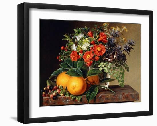 Oranges, Blackberries and a Vase of Flowers on a Ledge. 1834-Johan Laurentz Jensen-Framed Giclee Print