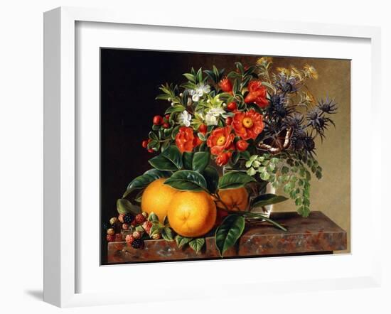Oranges, Blackberries and a Vase of Flowers on a Ledge. 1834-Johan Laurentz Jensen-Framed Giclee Print