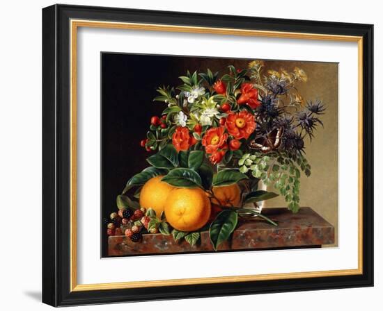 Oranges, Blackberries and a Vase of Flowers on a Ledge. 1834-Johan Laurentz Jensen-Framed Giclee Print