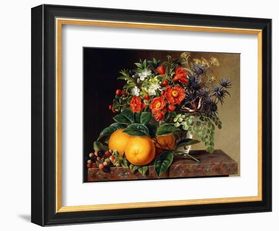 Oranges, Blackberries and a Vase of Flowers on a Ledge. 1834-Johan Laurentz Jensen-Framed Giclee Print