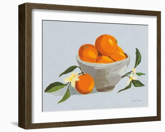 Oranges in a Grey Bowl Blue Texture-Pamela Munger-Framed Art Print