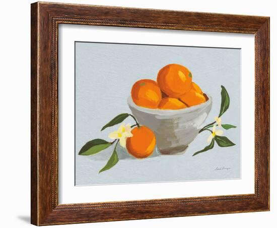 Oranges in a Grey Bowl Blue Texture-Pamela Munger-Framed Art Print