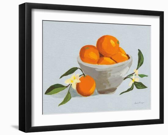 Oranges in a Grey Bowl Blue Texture-Pamela Munger-Framed Art Print