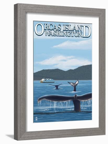 Orcas Island, WA - Whales and Ferry-Lantern Press-Framed Art Print