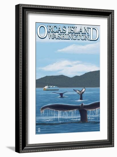 Orcas Island, WA - Whales and Ferry-Lantern Press-Framed Art Print