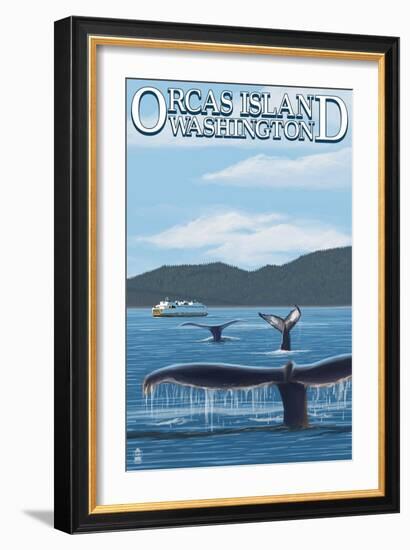 Orcas Island, WA - Whales and Ferry-Lantern Press-Framed Art Print