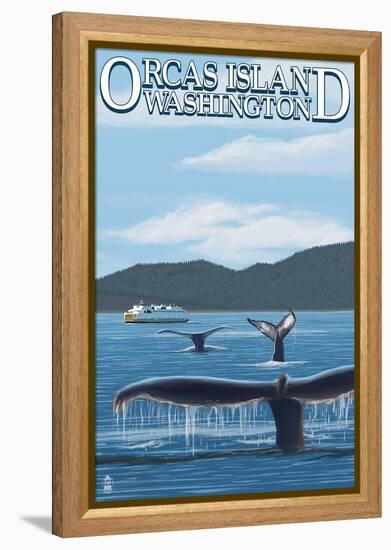 Orcas Island, WA - Whales and Ferry-Lantern Press-Framed Stretched Canvas