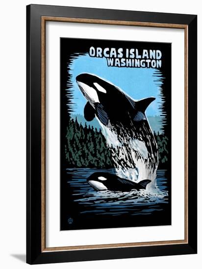 Orcas Island, Washington - Orca and Calf Scratchboard-Lantern Press-Framed Art Print
