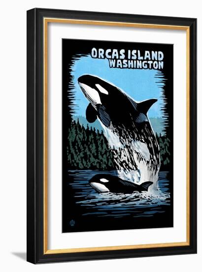 Orcas Island, Washington - Orca and Calf Scratchboard-Lantern Press-Framed Art Print