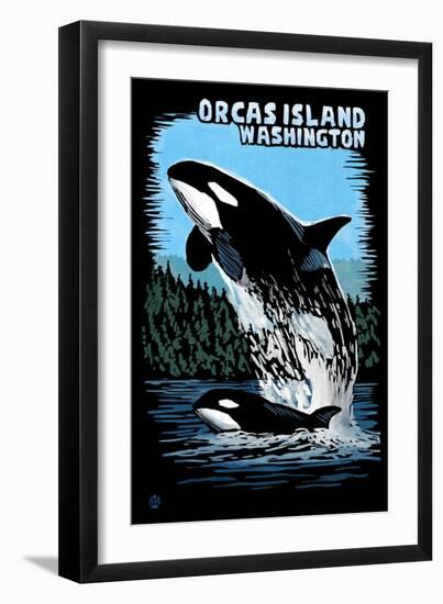 Orcas Island, Washington - Orca and Calf Scratchboard-Lantern Press-Framed Premium Giclee Print