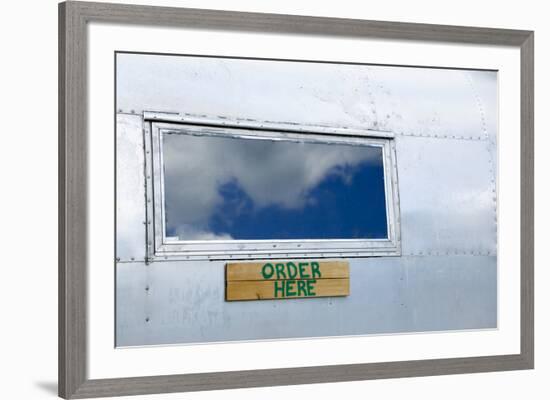 Order here sign on a vintage trailer, Phoenicia, New York, USA-Julien McRoberts-Framed Premium Photographic Print