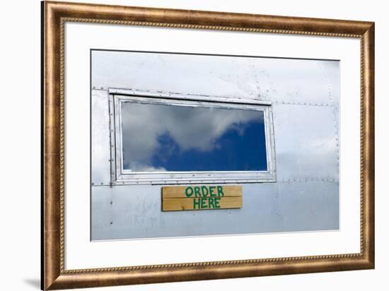 Order here sign on a vintage trailer, Phoenicia, New York, USA-Julien McRoberts-Framed Premium Photographic Print