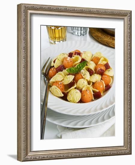 Orecchiette Pasta With Melon Ball, Prosciutto (Ham), Parmesan Cheese and Basil, Italy, Europe-Nico Tondini-Framed Photographic Print