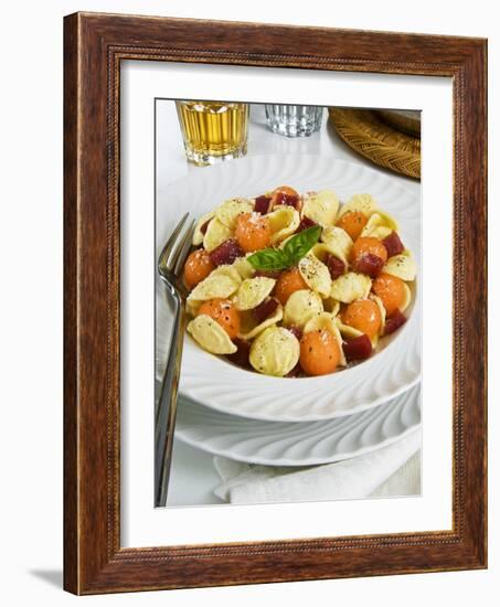 Orecchiette Pasta With Melon Ball, Prosciutto (Ham), Parmesan Cheese and Basil, Italy, Europe-Nico Tondini-Framed Photographic Print