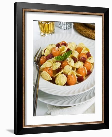 Orecchiette Pasta With Melon Ball, Prosciutto (Ham), Parmesan Cheese and Basil, Italy, Europe-Nico Tondini-Framed Photographic Print
