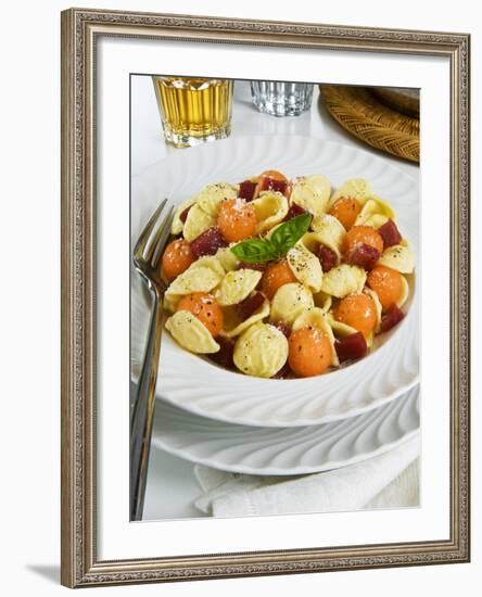 Orecchiette Pasta With Melon Ball, Prosciutto (Ham), Parmesan Cheese and Basil, Italy, Europe-Nico Tondini-Framed Photographic Print