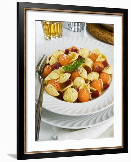 Orecchiette Pasta With Melon Ball, Prosciutto (Ham), Parmesan Cheese and Basil, Italy, Europe-Nico Tondini-Framed Photographic Print