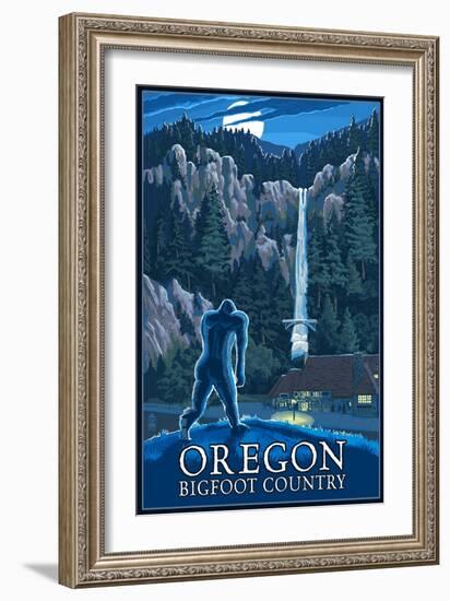 Oregon Bigfoot Country and Multnomah Falls-Lantern Press-Framed Art Print