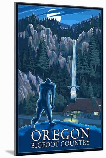 Oregon Bigfoot Country and Multnomah Falls-Lantern Press-Mounted Art Print