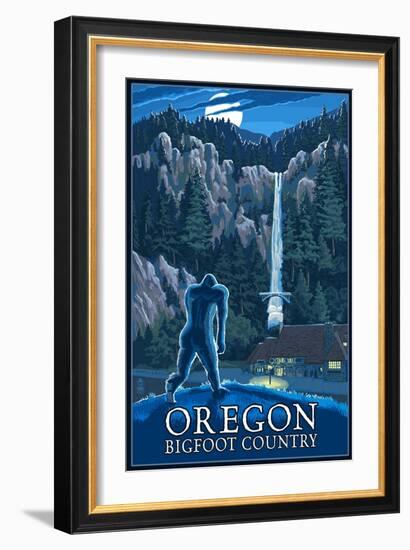 Oregon Bigfoot Country and Multnomah Falls-Lantern Press-Framed Art Print