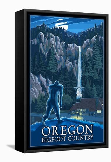 Oregon Bigfoot Country and Multnomah Falls-Lantern Press-Framed Stretched Canvas