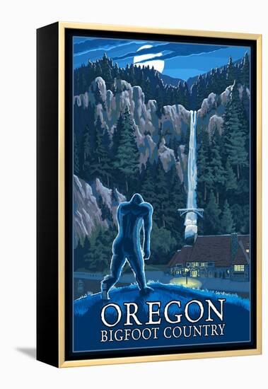 Oregon Bigfoot Country and Multnomah Falls-Lantern Press-Framed Stretched Canvas