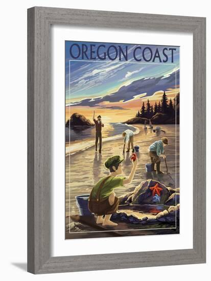 Oregon Coast - Clam Diggers-Lantern Press-Framed Art Print