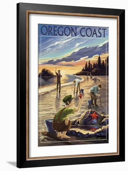 Oregon Coast - Clam Diggers-Lantern Press-Framed Art Print