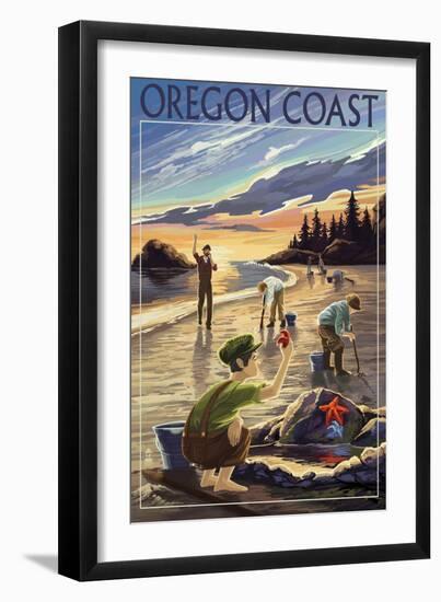 Oregon Coast - Clam Diggers-Lantern Press-Framed Art Print