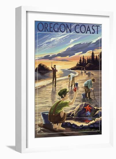 Oregon Coast - Clam Diggers-Lantern Press-Framed Art Print