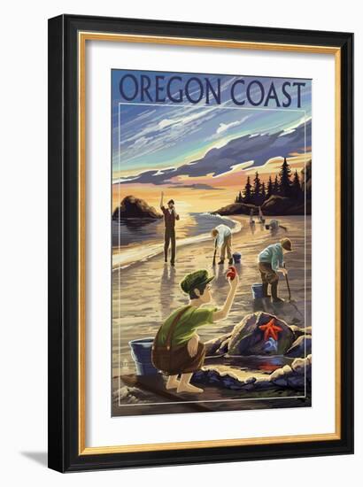 Oregon Coast - Clam Diggers-Lantern Press-Framed Art Print