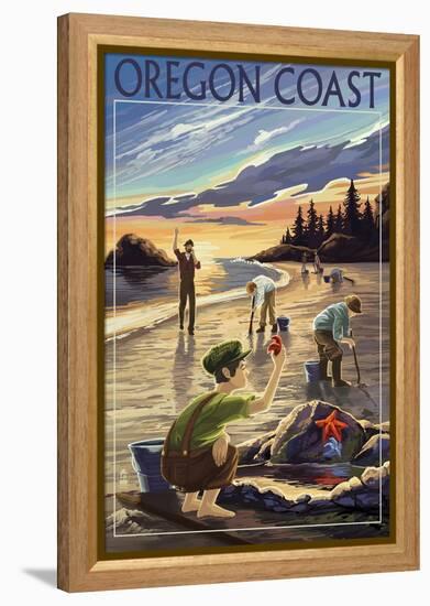 Oregon Coast - Clam Diggers-Lantern Press-Framed Stretched Canvas