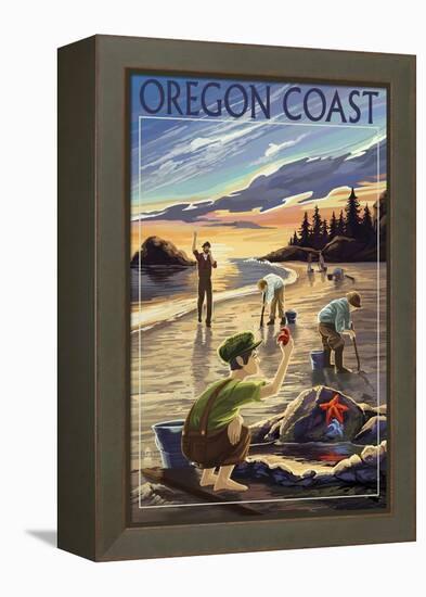 Oregon Coast - Clam Diggers-Lantern Press-Framed Stretched Canvas