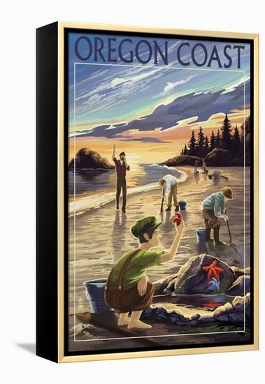 Oregon Coast - Clam Diggers-Lantern Press-Framed Stretched Canvas