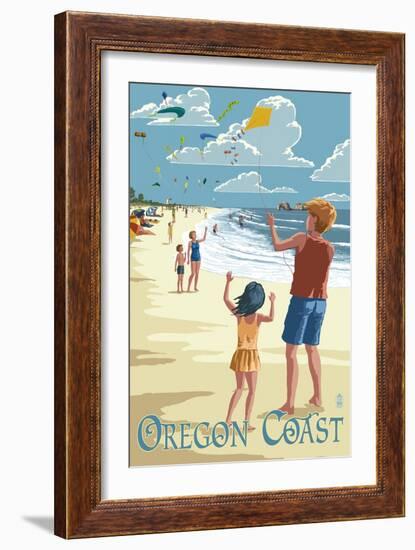 Oregon Coast - Kite Flyers-Lantern Press-Framed Art Print