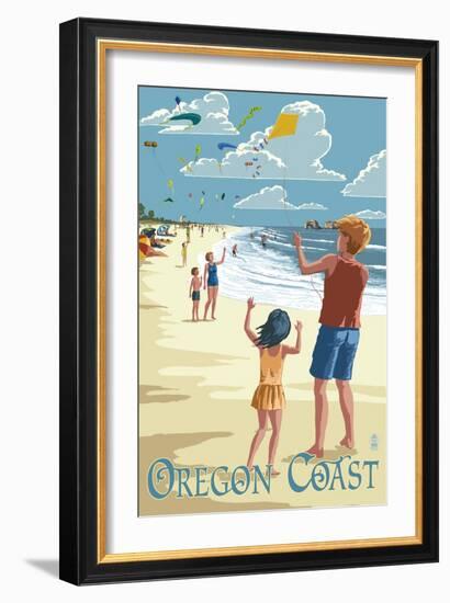 Oregon Coast - Kite Flyers-Lantern Press-Framed Art Print