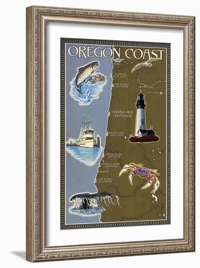 Oregon Coast - Map-Lantern Press-Framed Art Print