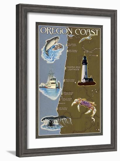 Oregon Coast - Map-Lantern Press-Framed Art Print