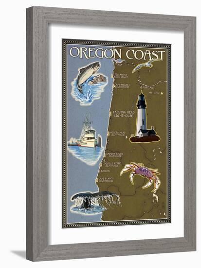 Oregon Coast - Map-Lantern Press-Framed Art Print